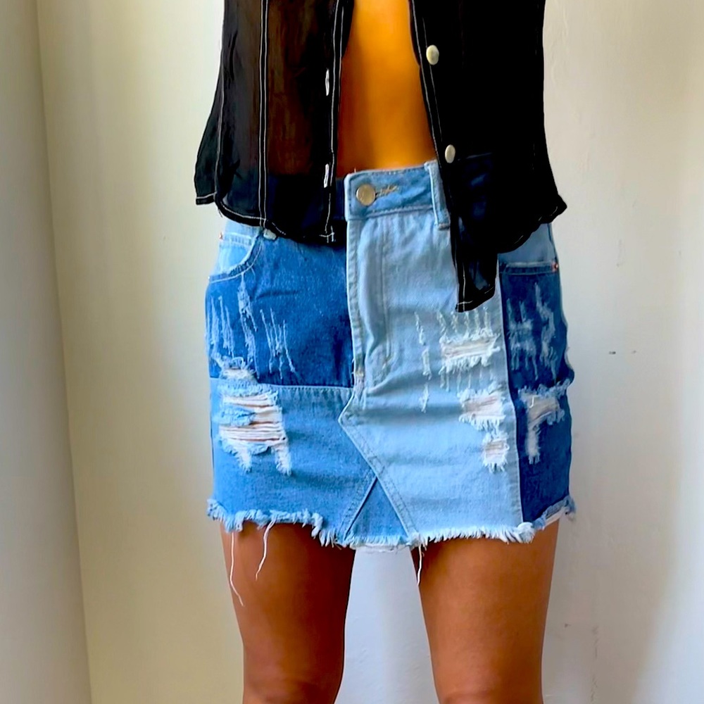 Y2K patchwork denim mini skirt size small brand Equinox